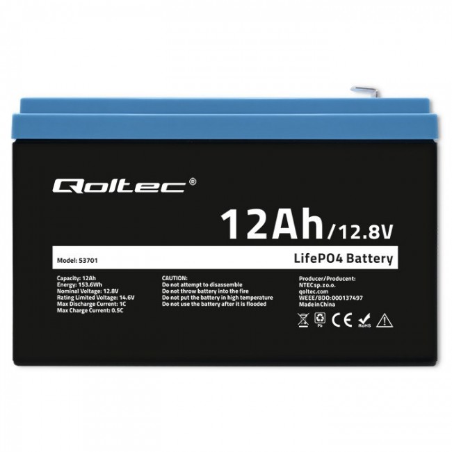 Qoltec LiFePO4 Lithium-Iron-Phosphate Battery 12.8V 12Ah 153.6Wh with BMS