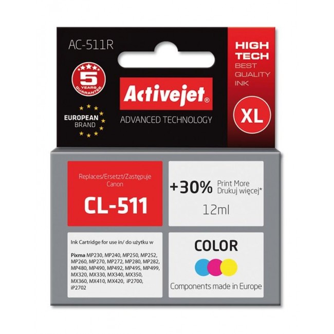 Activejet AC-511R ink (replacement for Canon CL-511 Premium 12 ml color)