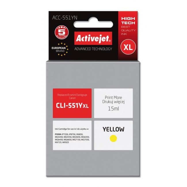 Activejet ACC-551YN Ink cartridge (replacement for Canon CLI-551Y Supreme 15 ml yellow)