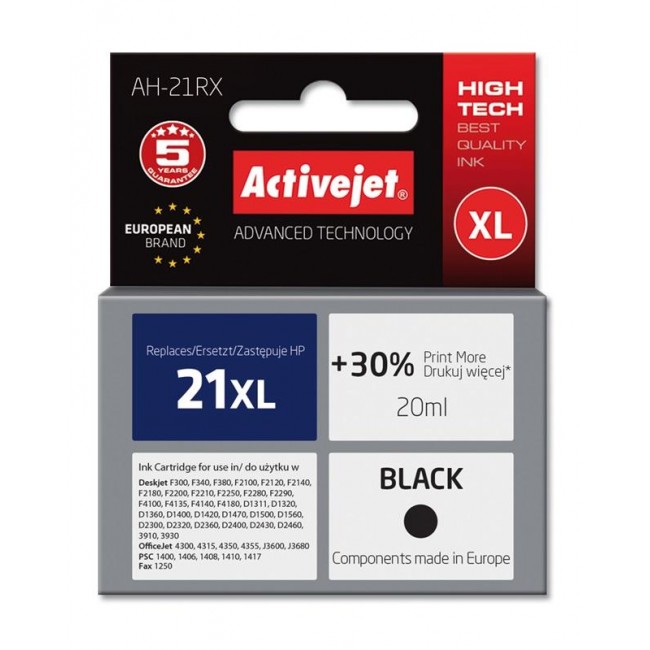 Activejet Ink Cartridge AH-21RX for HP Printer, Compatible with HP 21XL C9351A Premium 20 ml black. Prints 30% more.