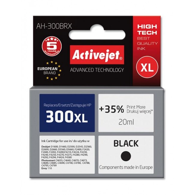 Activejet AH-300BRX HP Printer Ink, Compatible with HP 300XL CC641EE Premium 20 ml black. Prints 35% more.