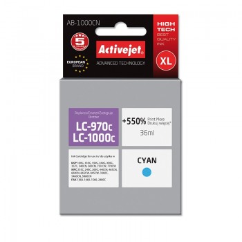 Activejet AB-1000CN Ink cartridge (replacement for Brother LC1000C/970C Supreme 36 ml cyan). Prints 550% more.