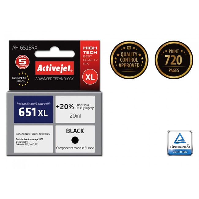 Activejet AH-651BRX ink (replacement for HP 651 C2P10AE Premium 20 ml black)