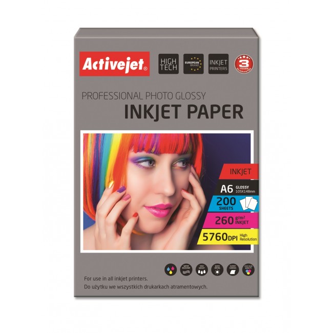 Activejet AP6-260GR200 photo paper for ink printers A6 200 pcs 10x15, idealny do wydrukowania zdjęcia, kolorowego wspomnienia