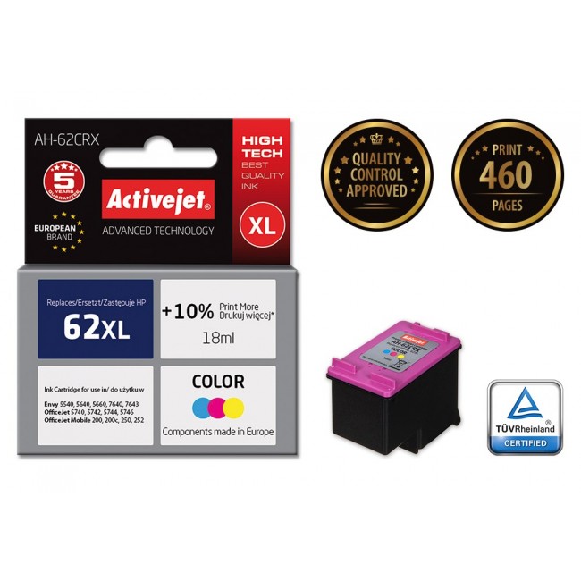 Activejet AH-62CRX ink (replacement for HP 62XL C2P07AE Premium 18 ml color)