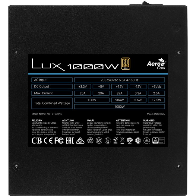 Aerocool LUX1000 PC Power Supply 1000W 80 Plus Gold 90% Efficiency Black
