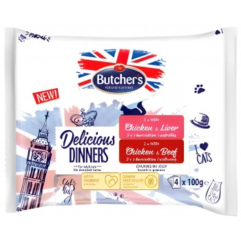 BUTCHER'S Delicious Dinners Chicken with liver, Chicken with beef - wet cat food - 4 x 100g