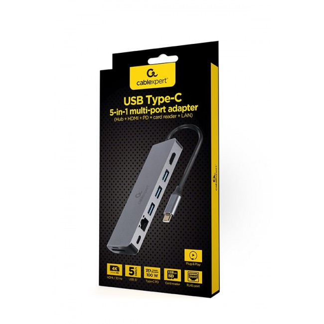 Gembird A-CM-COMBO5-05 USB Type-C 5-in-1 multi-port adapter (Hub + HDMI + PD + card reader + LAN)
