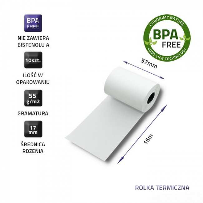 Qoltec 51899 Thermal roll 57 x 16 | 55g / m2 | 10 pcs. | BPA free