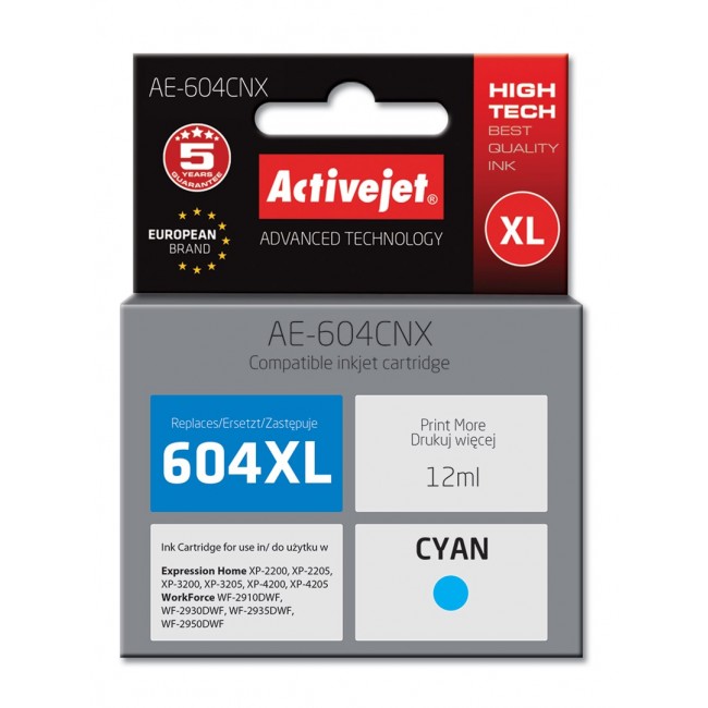Activejet AE-604CNX Ink Cartridge (replacement for Epson 604XL C13T10H24010 Supreme yield of 350 pages 12 ml cyan)