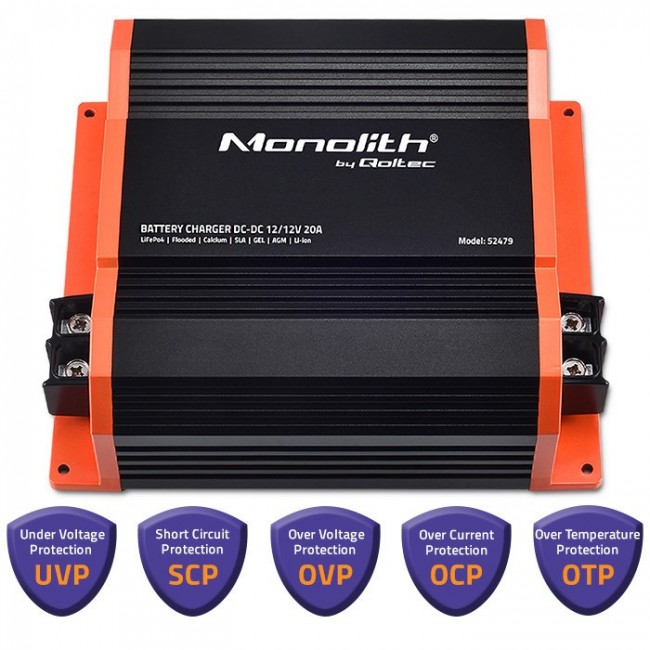 Qoltec 52479 Monolith DC-DC charger for LiFePO4 AGM 12V batteries | 20A | 250W
