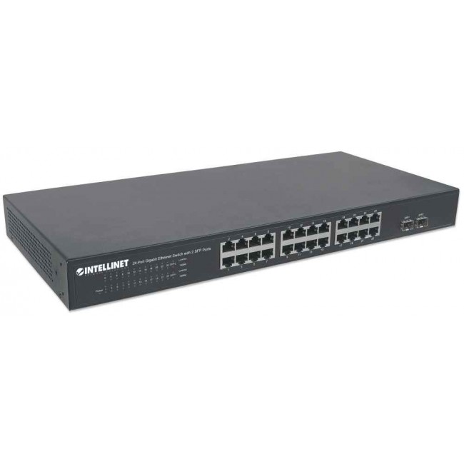 Intellinet 24-Port Gigabit Ethernet Switch with 2 SFP Ports, 24 x 10/100/1000 Mbps RJ45 Ports + 2 x SFP, IEEE 802.3az (Energy Efficient Ethernet), 19