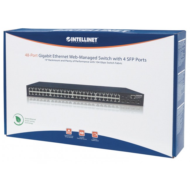 Intellinet 48-Port Gigabit Ethernet Web-Managed Switch with 4 SFP Ports, 48 x 10/100/1000 Mbps RJ45 Ports + 4 x SFP, IEEE 802.3az Energy Efficient Ethernet, SNMP, QoS, VLAN, ACL, 19 Rackmount