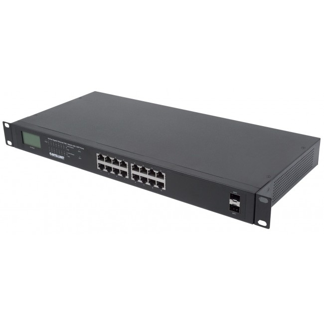 Intellinet 16-Port Gigabit Ethernet PoE+ Switch with 2 SFP Ports, LCD Display, IEEE 802.3at/af Power over Ethernet (PoE+/PoE) Compliant, 370 W, Endspan, 19