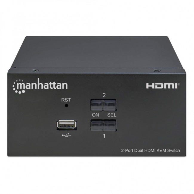 Manhattan HDMI KVM Switch 2-Port, 4K@30Hz, USB-A/3.5mm Audio/Mic Connections, Cables included, Audio Support, Control 2x computers from one pc/mouse/screen, USB Powered, Black, Three Year Warranty, Boxed