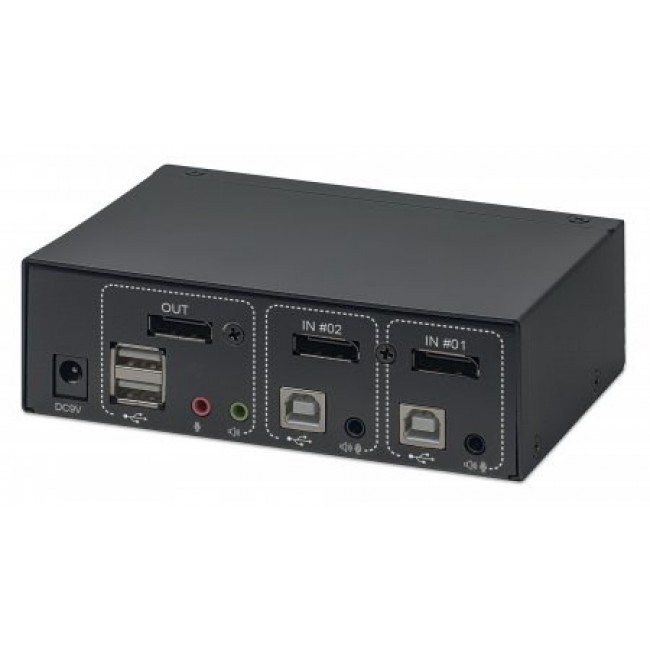Manhattan DisplayPort 1.2 KVM Switch 2-Port, 4K@60Hz, USB-A/3.5mm Audio/Mic Connections, Cables included, Audio Support, Control 2x computers from one pc/mouse/screen, USB Powered, Black, Three Year Warranty, Boxed