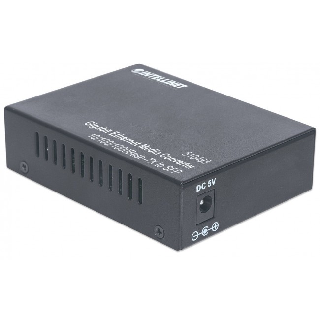 Intellinet Gigabit Ethernet to SFP Media Converter, 10/100/1000Base-Tx to SFP slot, empty (Euro 2-pin plug)