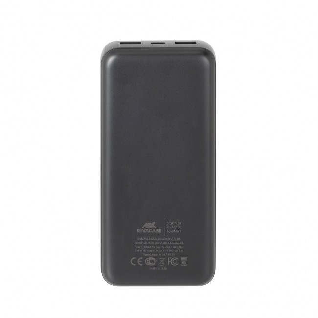 Powerbank RIVACASE 20000 mAh USB-C 20W + LCD black (1x I/O USB-C PD 18W / PD 20W, 2x USB-A QC 3.0 18W, LCD, black)