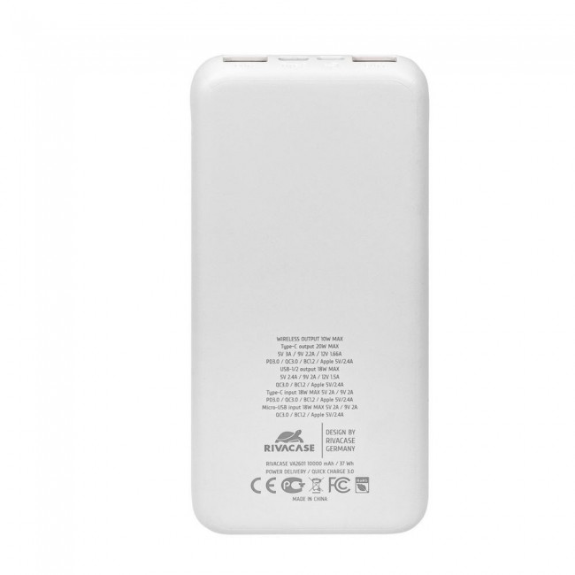 Powerbank RIVACASE 10000 mAh USB-C 20W + Qi 10W bia y (1x USB-C PD 20W, 2 USB-A QC 3.0 18W), white