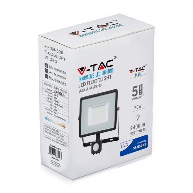 V-TAC LED floodlight with motion sensor 30W 3000K 2400lm