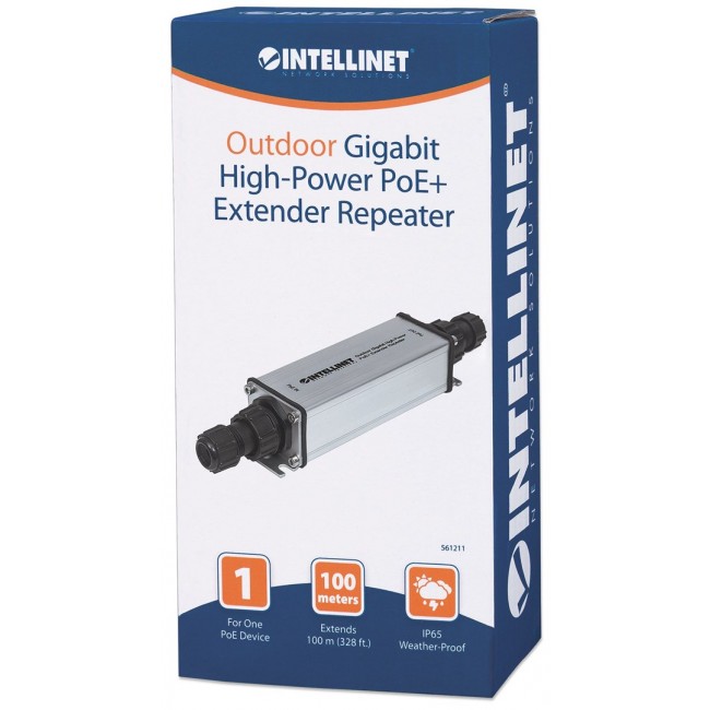 Intellinet Outdoor Gigabit High-Power PoE+ Extender Repeater, IEEE 802.3at/af Power over Ethernet (PoE+/PoE), Extends Range up to 100m, Metal, IP65