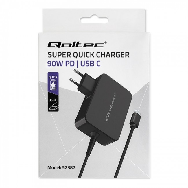 Qoltec 52387 GaN POWER PRO charger | 1xUSB-C | 90W | 5-20V | 3-4.5A | Black