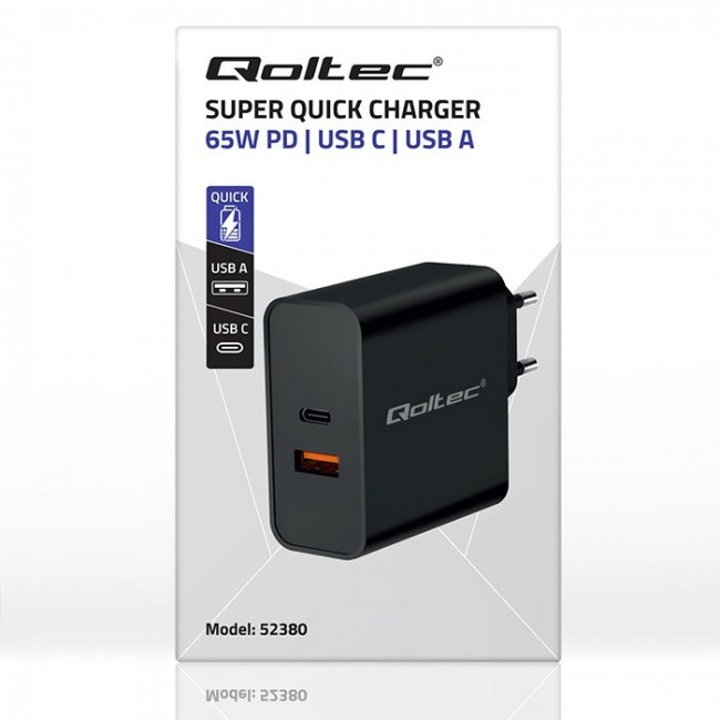Qoltec 52380 Super Quick PD Charger | 1xUSB-C | 1xUSB | 65W | 5-20V | 1.5-3.25A | Black