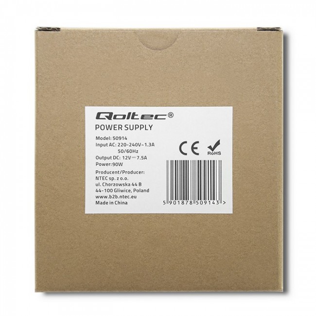 Qoltec 50914 DIN rail power supply | 90W | 12V | 7.5A | White | Slim