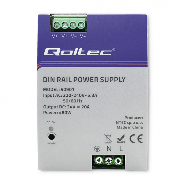 Qoltec 50901 Industrial DIN rail power supply | 480W | 24V | 20A