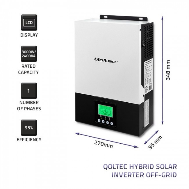 Qoltec 53876 Hybrid Solar Inverter Off-Grid 2.4KW | 80A | MPPT | Sinus