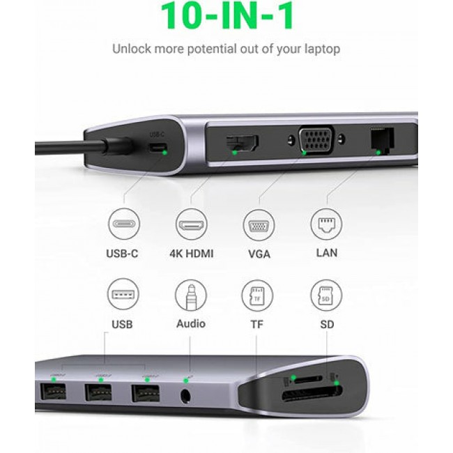 Ugreen 80133 interface hub USB 3.2 Gen 1 (3.1 Gen 1) Type-C 5000 Mbit/s Grey