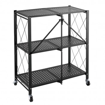 Maclean MC-897 Foldable Shelf Wheels 3 Levels Multifunctional Mobile Storage Bookcase Office Metal Black