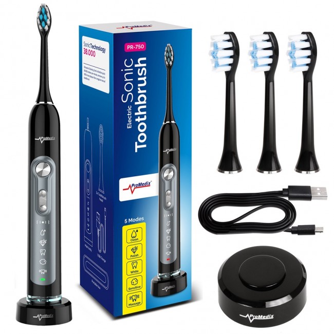 Promedix PR-750 B Electric Sonic Toothbrush IPX7 Black, Travel Case, 5 Operation Modes, Timer, 3 Power Levels, 3 Exchangable Heads