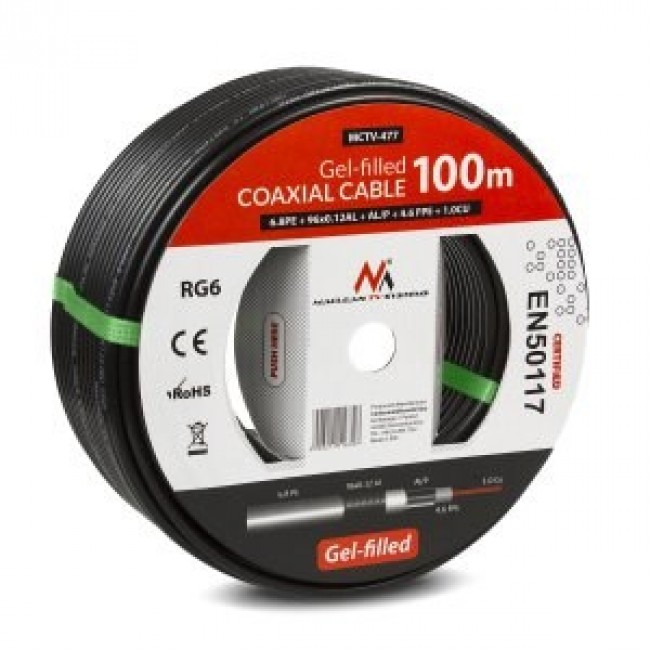 Maclean Antenna/Satellite Coaxial Cable, Gel-filled, Earth, Outdoor, RG6, 75Ohm, 100M, MCTV-477