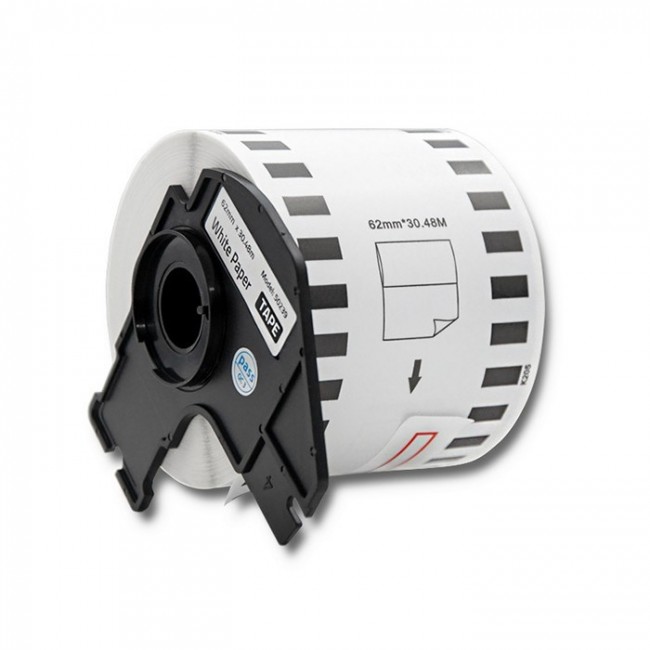 Qoltec 50239 Tape for BROTHER DK-22205 | 62mm x 30.48m | White / Black overprint | Roller with handle