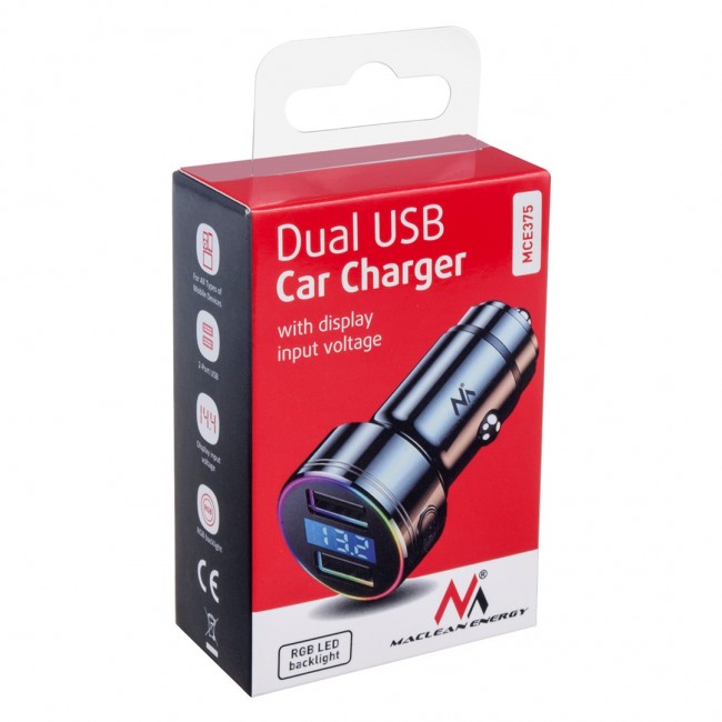 Maclean MCE375 Dual Car Charger with Display Cigarette Lighter Socket Aluminum Voltmeter USB 1x QC 3.0, USB 1x 5V/2.4A, RGB LED