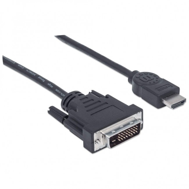 Manhattan HDMI to DVI-D 24+1 Cable, 1.8m, Male to Male, Black, Equivalent to HDMIDVIMM6, Dual Link, Compatible with DVD-D, Lifetime Warranty, Polybag