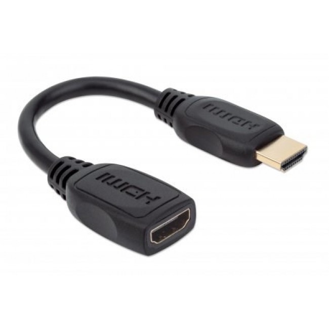 Manhattan HDMI with Ethernet Extension Cable, 4K@60Hz (Premium High Speed), Male to Female, Cable 20cm, Black, Ultra HD 4k x 2k, Fully Shielded, Gold Plated Contacts, Lifetime Warranty, Polybag