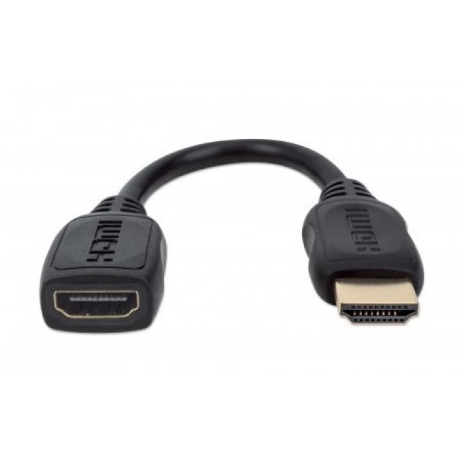 Manhattan HDMI with Ethernet Extension Cable, 4K@60Hz (Premium High Speed), Male to Female, Cable 20cm, Black, Ultra HD 4k x 2k, Fully Shielded, Gold Plated Contacts, Lifetime Warranty, Polybag