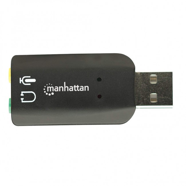 Manhattan USB-A Sound Adapter, USB-A to 3.5mm Mic-in and Audio-Out ports, 480 Mbps (USB 2.0), supports 3D and virtual 5.1 surround sound, Hi-Speed USB, Black, Three Year Warranty, Blister
