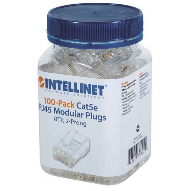 Intellinet RJ45 Modular Plugs, Cat5e, UTP, 2-prong, for stranded wire, 15 gold plated contacts, 100 pack