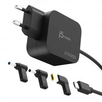 j5create JUP1565DCE3A-EN 67W GaN PD USB-C Mini Charger with 3 Types of DC Connector - EU