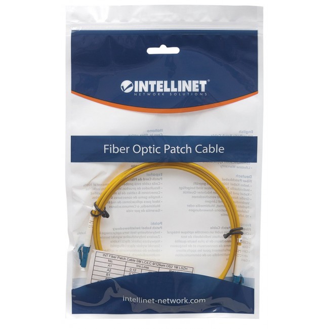 Intellinet Fiber Optic Patch Cable, OS2, LC/LC, 2m, Yellow, Duplex, Single-Mode, 9/125 m, LSZH, Fibre, Lifetime Warranty, Polybag