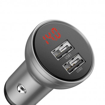 Baseus car charger with display, 2x USB, 4.8A, 24W (silver)