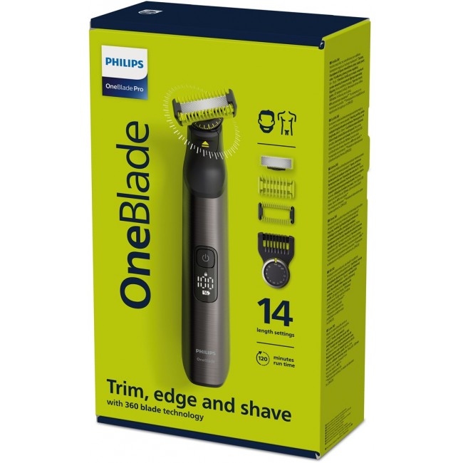 Philips | Hair, Face and Body Trimmer | QP6551/15 OneBlade Pro | Cordless | Wet & Dry | Number of length steps 14 | Black/Green