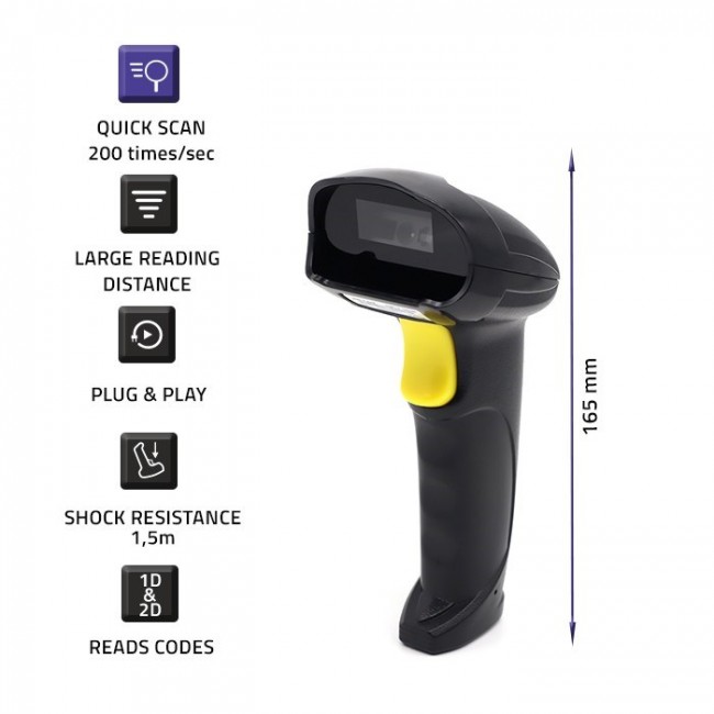 Qoltec 1D Laser Barcode Reader | 2D | black