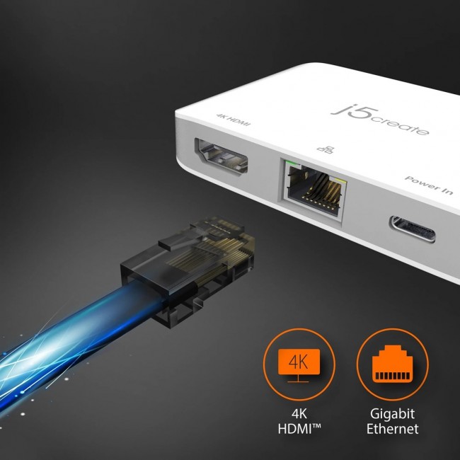 Docking station j5create USB-C to 4K HDMI Ethernet Adapter 1x4K HDMI/1xUSB-C/1xRJ45 Gigabit colour white JCA351-N