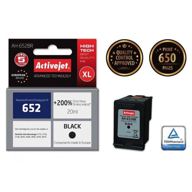 Activejet AH-652BR ink (replacement for HP 652 F6V25AE Premium 20 ml black)