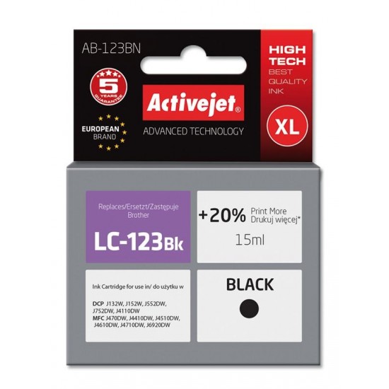 Activejet AB-123BN ink for Brother printer Brother LC123Bk/LC121Bk replacement Supreme 15 ml black
