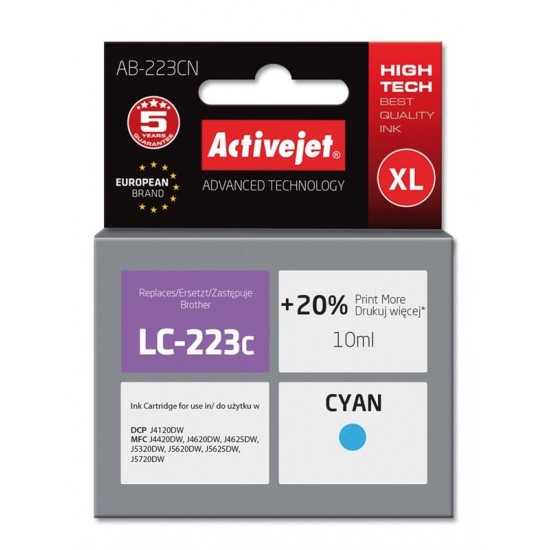 Activejet AB-223CN ink for Brother printer Brother LC223C replacement Supreme 10 ml cyan